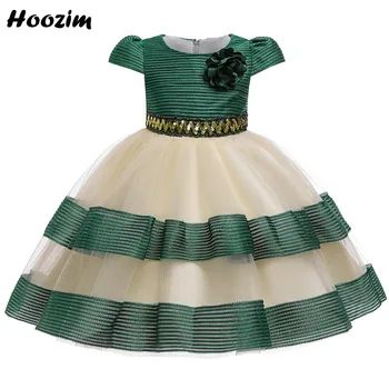

Luxury Emerald Green Puffy Sleeve Evening And Gala Dress Girls 4-11 Age Modest Applique Sequin Belt Layered Wedding Dresses Kids