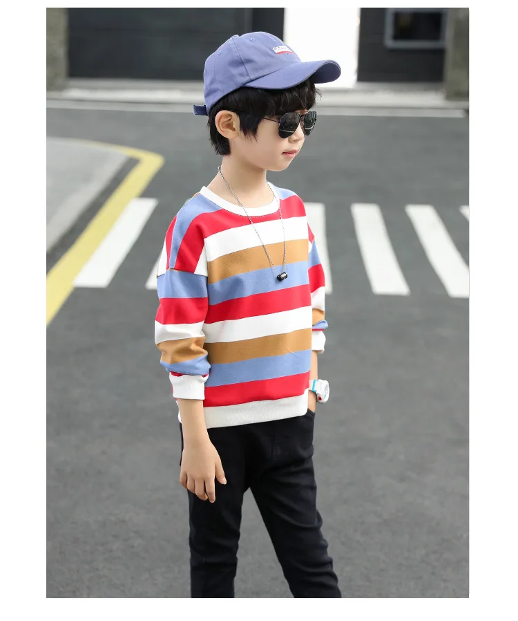 Children t-shirts boy clothes long sleeve coats red green yellow stripe Tshirts teens boys kid sweatshirt 4-14 years tops tees