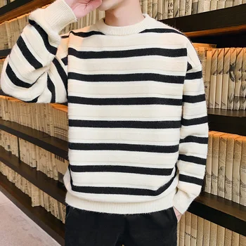 

Sweater Men's 2020 Autumn Winter Striped O-Neck Top Homme Long Sleeve Men Clothing Male High Quality Harajuku Pullover Sweaters