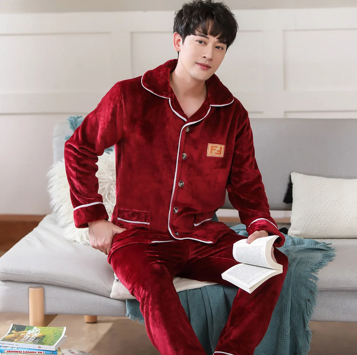 Winter Wine Red Pajamas Male Flannel Sleepwear Soft Warm Pyjamas Set Nightgown Men's Pajamas Sets Long Sleeve Men Lounge Pijamas silk sleepwear