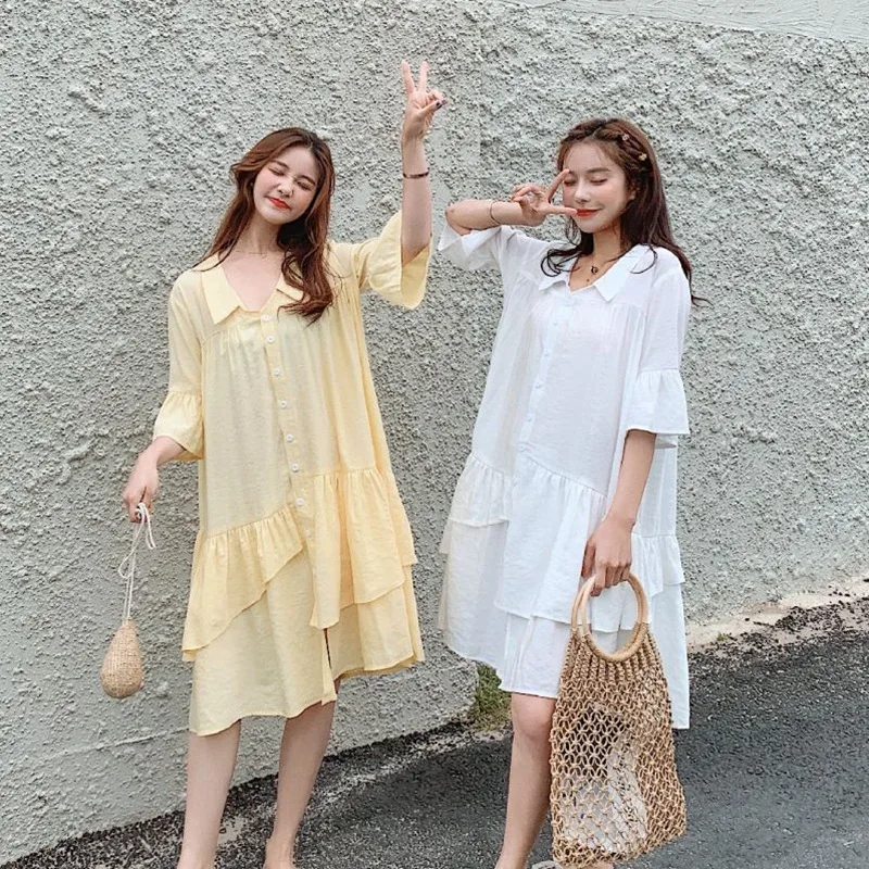 

Photo Shoot CHIC Gentle White Mid-length Loose-Fit Fold-down Collar Single Breasted Irregular Joint Fairy Shirt Dress