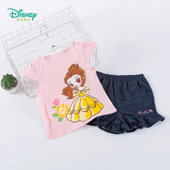 

Disney Children's Clothing Girls Suit Princess Printed Short-sleeved T-knit Imitation Denim Shorts Two-piece Set