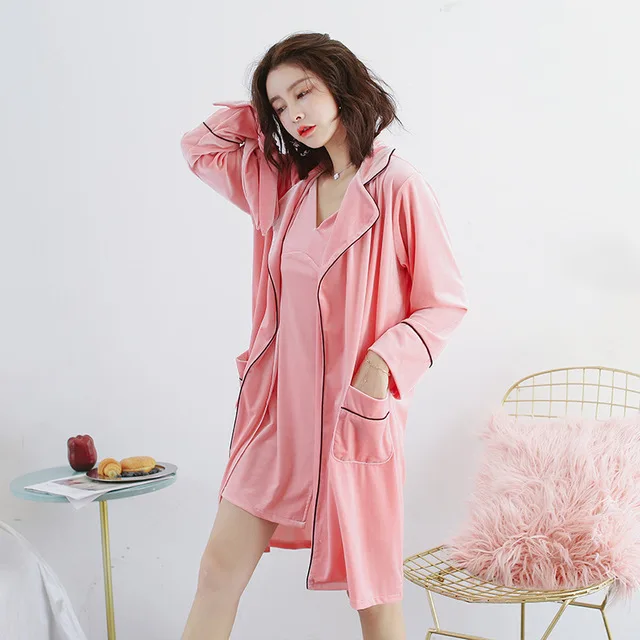 hot pink Сексуальный велюровый женский халат-кимоно, одежда для сна, осенняя и Wnter, комплект из 2 предметов, бархатная ночная рубашка и халат, элегантная Однотонная ночная сорочка, домашняя одежда - Цвет: hot pink