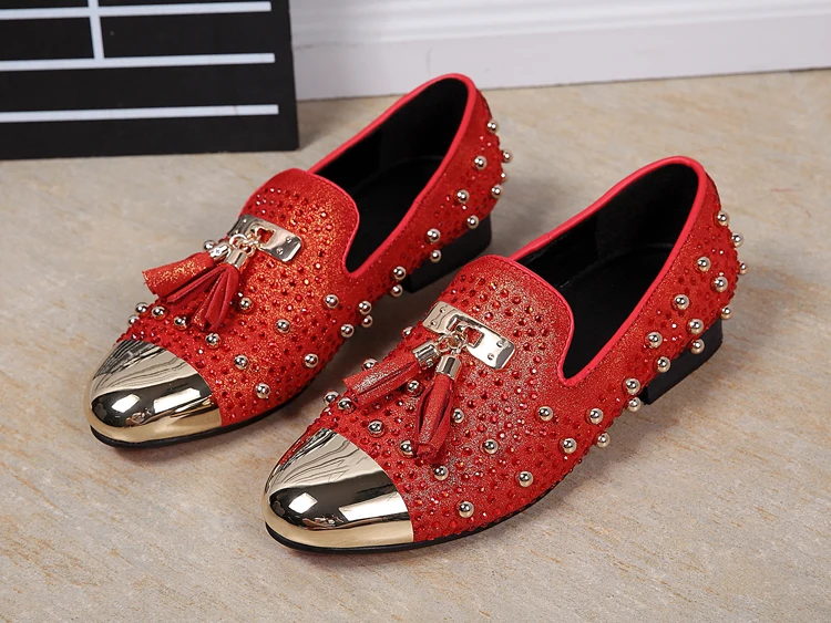 Christia Bella Red Real Leather Full Golden Beads Male Large Size Loafers Shoes Metal Pointed Toe Man Party Slip on Flats Shoes