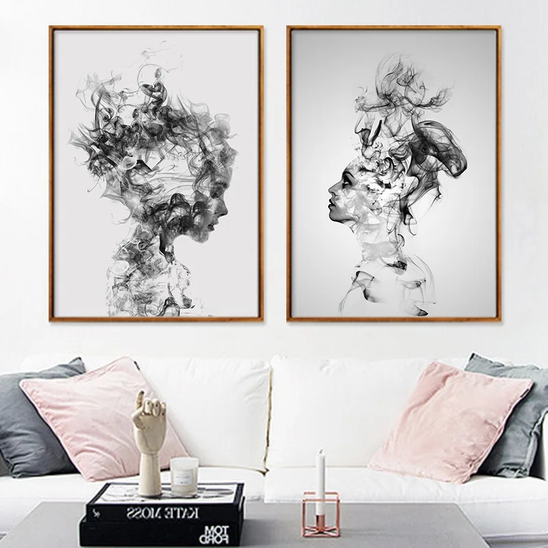 Abstract-Painting-Affiche-Noir-Et-Blanc-Tableaux-Muraux-Moderne-Boy-Girl-Smokey-Wall-Art-Canvas-Print (2)