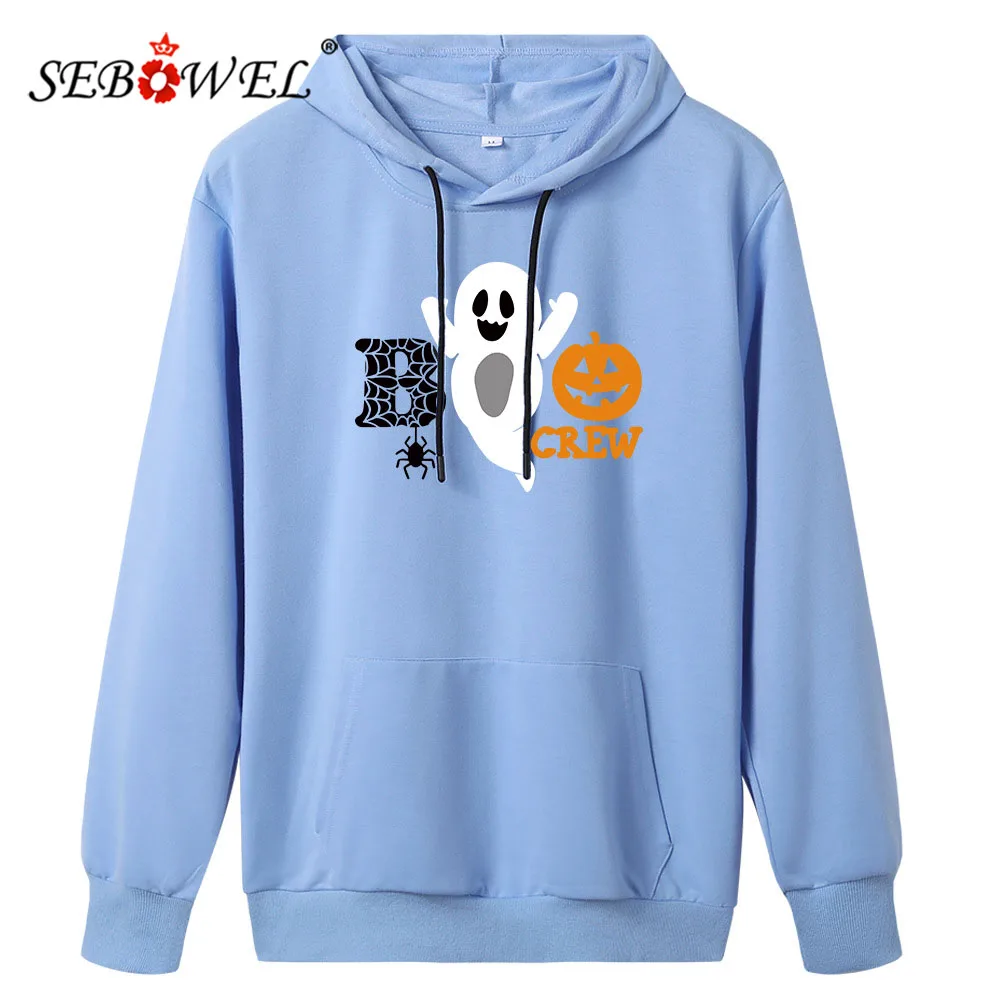 

SEBOWEL Halloween Drawstring Hooded Sweatshirts Women Long Sleeve Female Pumpkin Pattern Print Pullover Top with Pocket Clothes