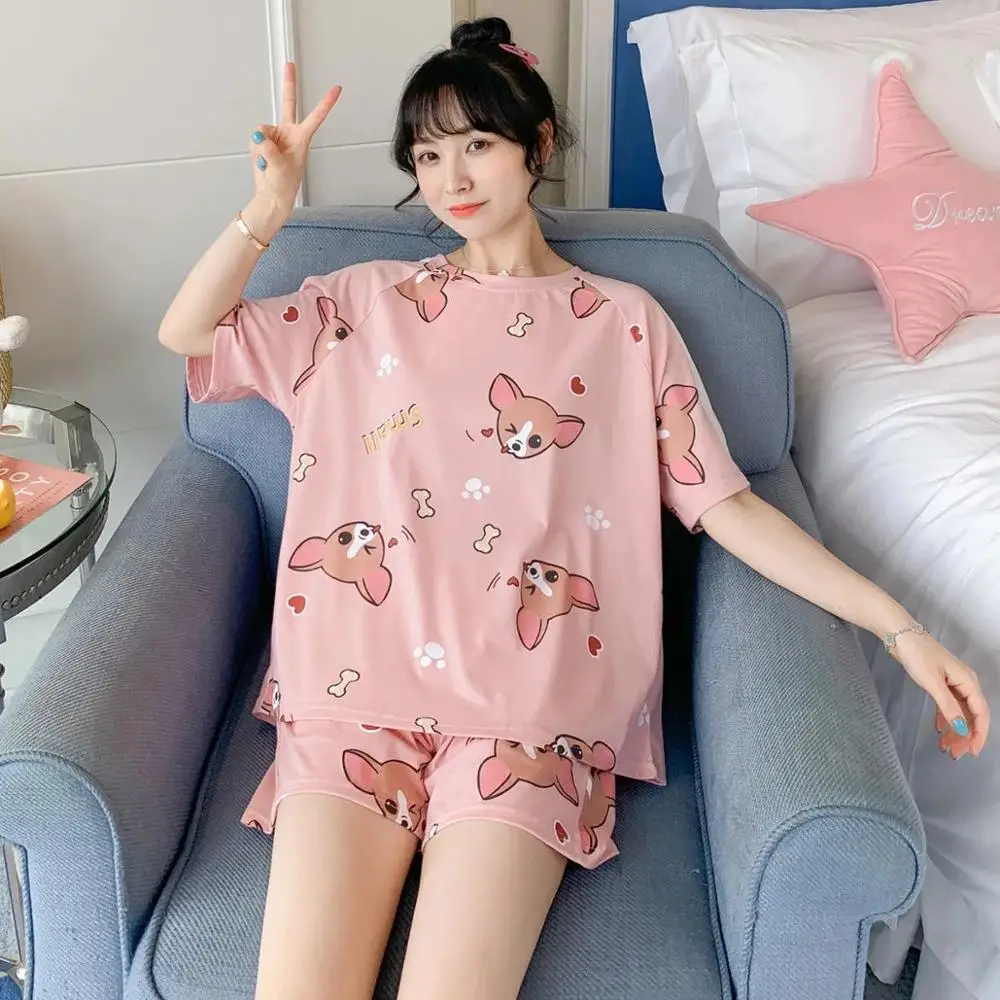 2021 Cartoon Print Summer Pajamas For Women Kawaii Sleepwear Set Suit  Nightwear Loose Tops TShirts and Shorts Girls Pjs Homewear