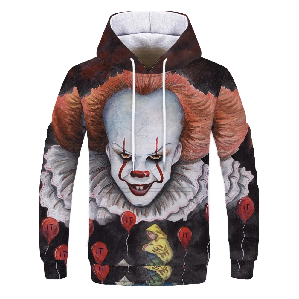 W-1290 Horror Movie It:Chapter Two Stephen King Clown PennyWise 3D Hoodie Cosplay Costume Sweatshirt men casual Cartoon Clown it hoodie - Цвет: W-1290