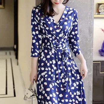 

Runway Bohemian Retro Print Floral Mid-Sleeved Belt Slim Fit Elegant Temperament Dress Women'S Clothing High Quality Fashion