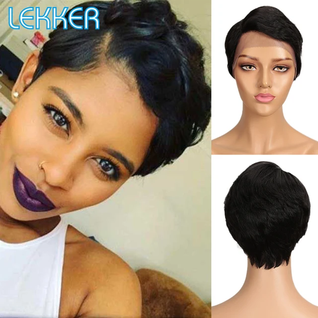 Lekker Short Pixie Bob T Part Lace Human Hair Wig For Women Natural Pre Plucked Glueless Ombre Burgundy Brazilian Remy 613 Wigs #1B