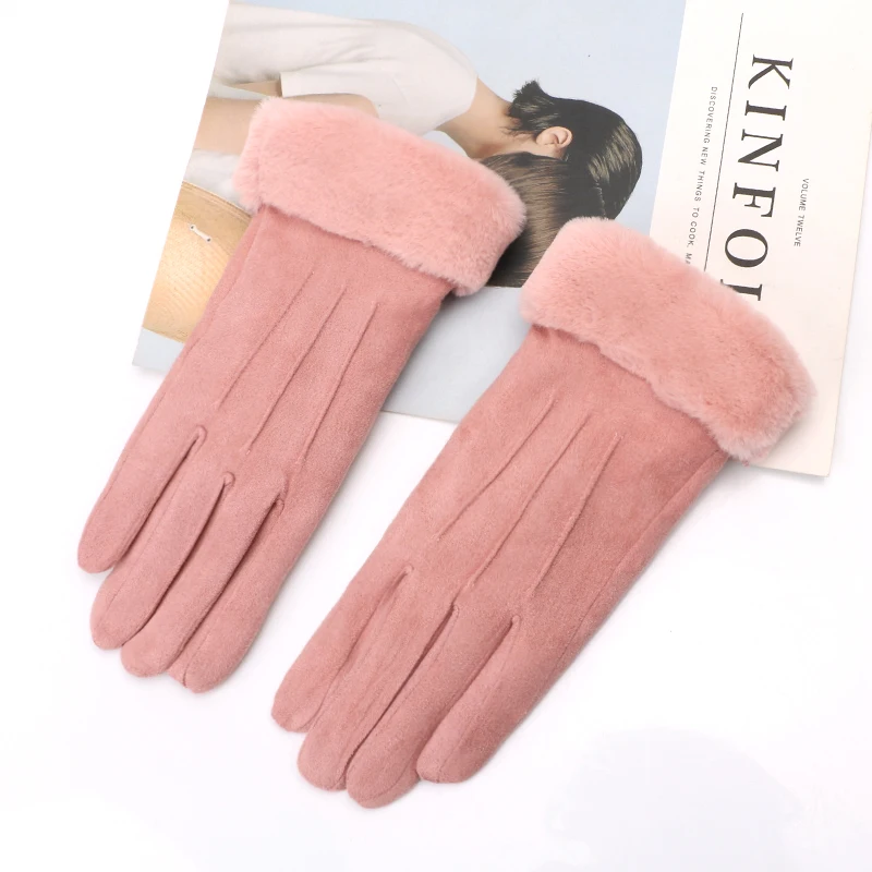 pink Зимние Модные женские толстые теплые замшевые с мехом замшевые флисовые перчатки для сенсорного экрана для вождения элегантные плюшевые перчатки для женщин - Цвет: pink