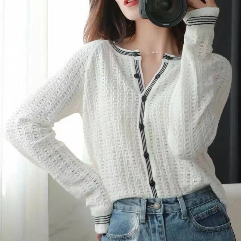 

Women's French Style Knitting Cardigans Solid O-Neck Single Breasted Patchwork Edging Long Sleeves Thin Cardigan Spring 2021