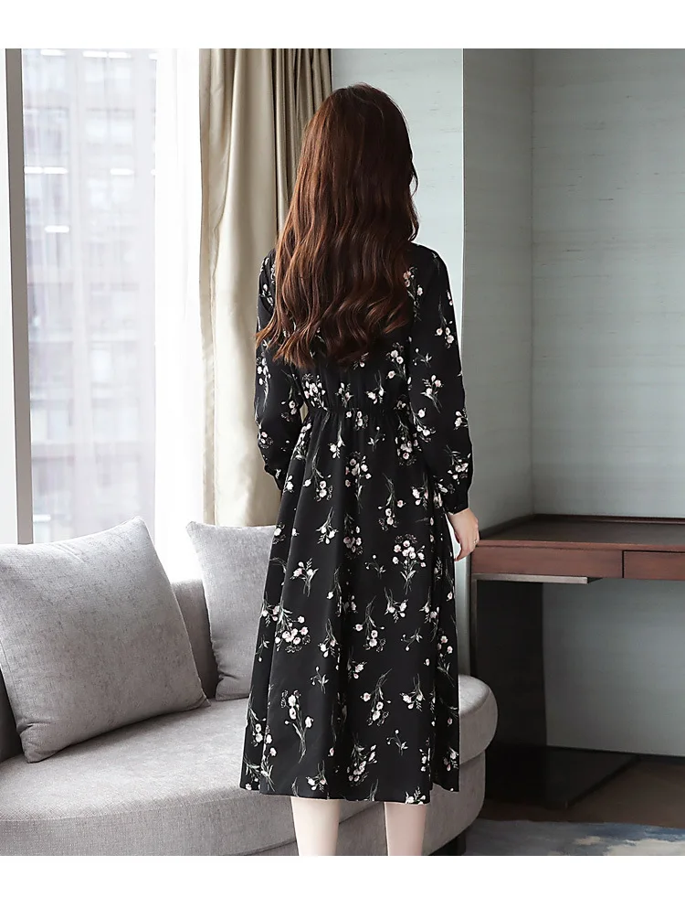 Free Postage Send Photo Shoot plus Velvet Floral-Print Chiffon Dress Thick Warm Base Skirt Women's T9152