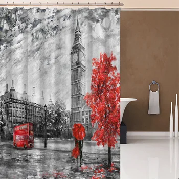 

london Tower Print Shower Curtain 4 Piece Carpet Cover Toilet Cover Bath Mat Pad Set Bathroom Curtain with 12 Hooks