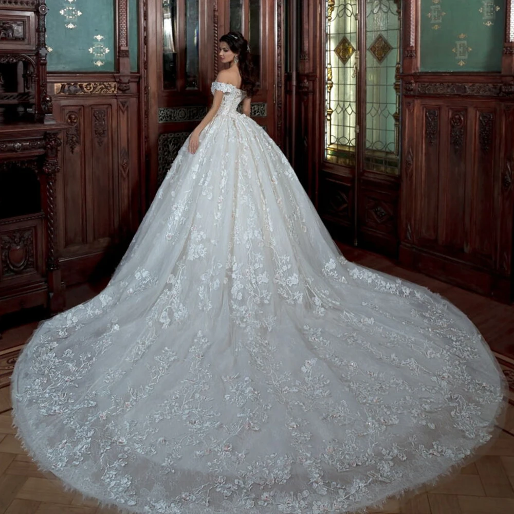 Gorgoeus, Свадебное бальное платье с длинным шлейфом, Vestido De Noiva Princesa, вырез лодочкой, короткий рукав, бисер, аппликация, кружево