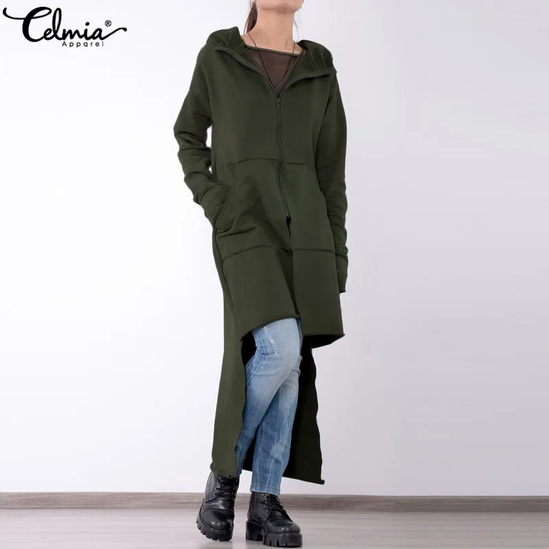 

Celmia Women Long Hoodies Sweatshirts Coat Vintage Zip Asymmetrical Outerwear 2019 Autumn Winter Hooded Jackets Plus Size Tops