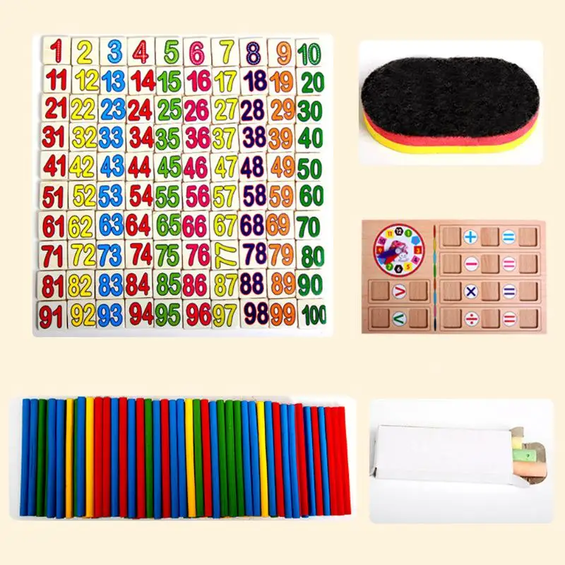 Kids Maths Teaching Box Set Children Wooden Number Counting Math Toy Baby Mathematics Sticker Calculate Game Toy Education Block