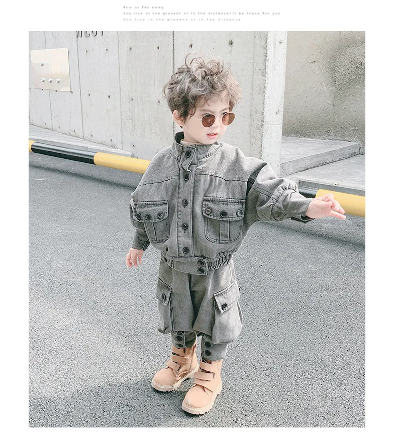 Зимний однотонный джинсовый костюм для маленьких мальчиков 2-7 лет, детский мотоциклетный костюм из двух предметов с плюшевой подкладкой