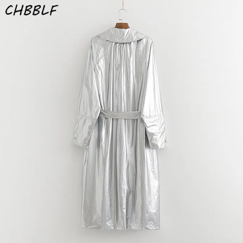 CHBBLF Женский Стильный однотонный Блестящий Свободный Длинный Тренч галстук-бабочка пояс, карманы пальто с длинными рукавами женская элегантная верхняя одежда POP2366