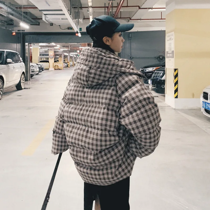 

19 Winter New Style Back of Turtle Plaid Hooded Cotton-padded Clothes Short Short-height Cotton-padded Clothes College Style Bre