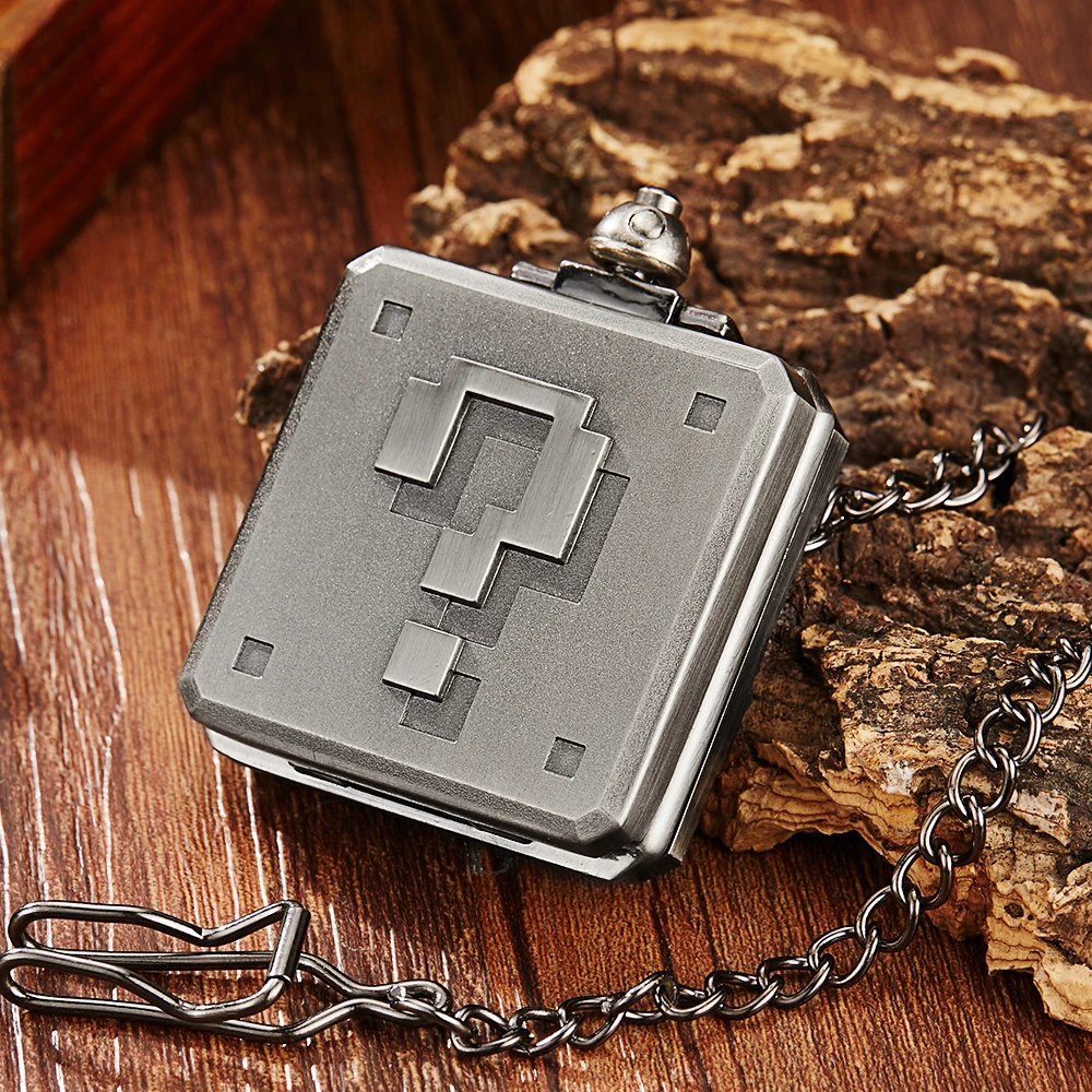 

Square Quartz Pocket Watch Puzzle Laser Engraved Big Roman Numerals Dial Bronze Fob Watches Men Women Chain Necklace Pendants