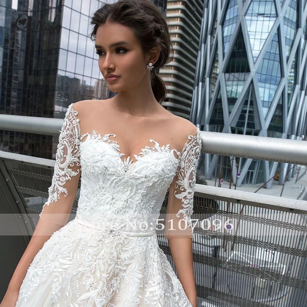 Роскошные Аппликации бисером Свадебные платья на прокат Vestido De Noiva Элегантный Совок рукав три четверти с пуговицами качество свадебные платья