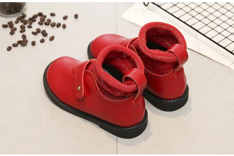 Kids Spring Autumn Pu Leather Boots Ankle-length Knitted Socks Shoes Black Red Pink Fashion Princess Flat Dress Shoes Size 26-37