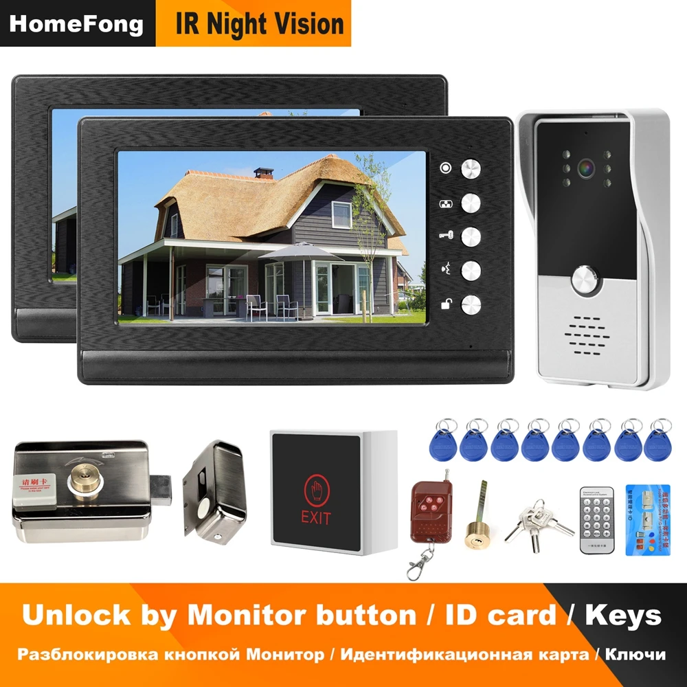 Homefong Wired video intercom 2 Monitors Video Door Phone Support 2 Electric Locks for Apartment Home Lock Access Control System