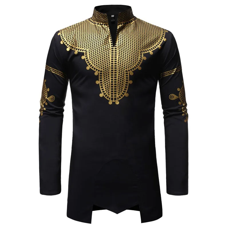 Fubotevic Mens Irregular Casual Trendy Stand Collar Long Sleeve African Print Dress Work Shirt