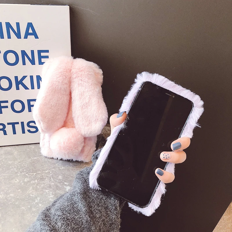 Теплый плюшевый Меховой чехол для iPhone 11 Pro Max 8 7 6 6S Plus 3D милый чехол Кролик Пушистый пушистый мех чехол для телефона для iPhone X XR XS Max