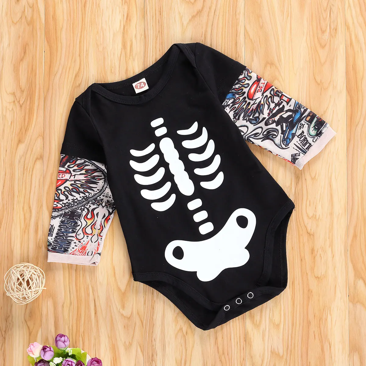 Baby Halloween Clothes Newborn Baby Boys Tattoos Sleeve Bodysuit Skeleton Print Halloween Costume Infant Baby Boys Clothing