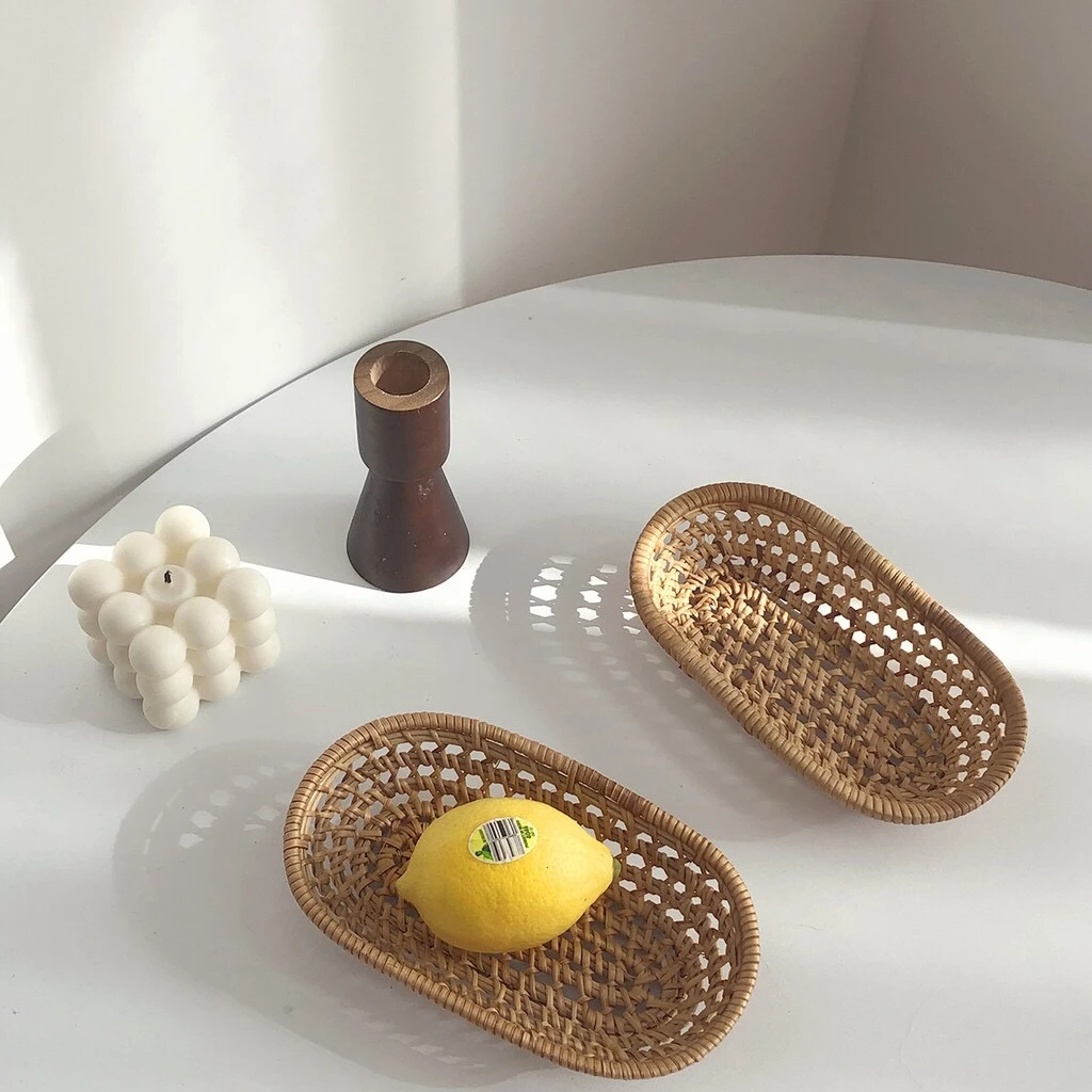

Ins Style Rattan Woven Fruit Basket tray Handmade Breakfast Bread Candy Tabletop Snack Storage plate tableware