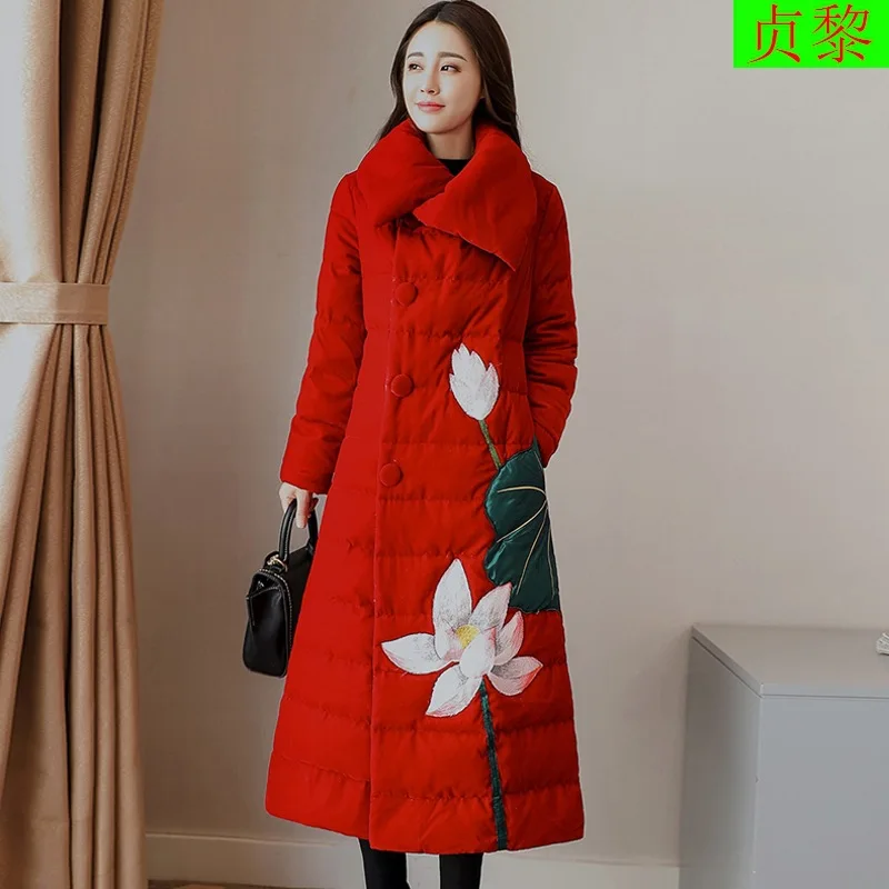 

Chinese-style Cotton-padded Clothes Women's Winter Retro National Wind Cotton Coat Long over-the-Knee Thick Chinese Style Mom Wi