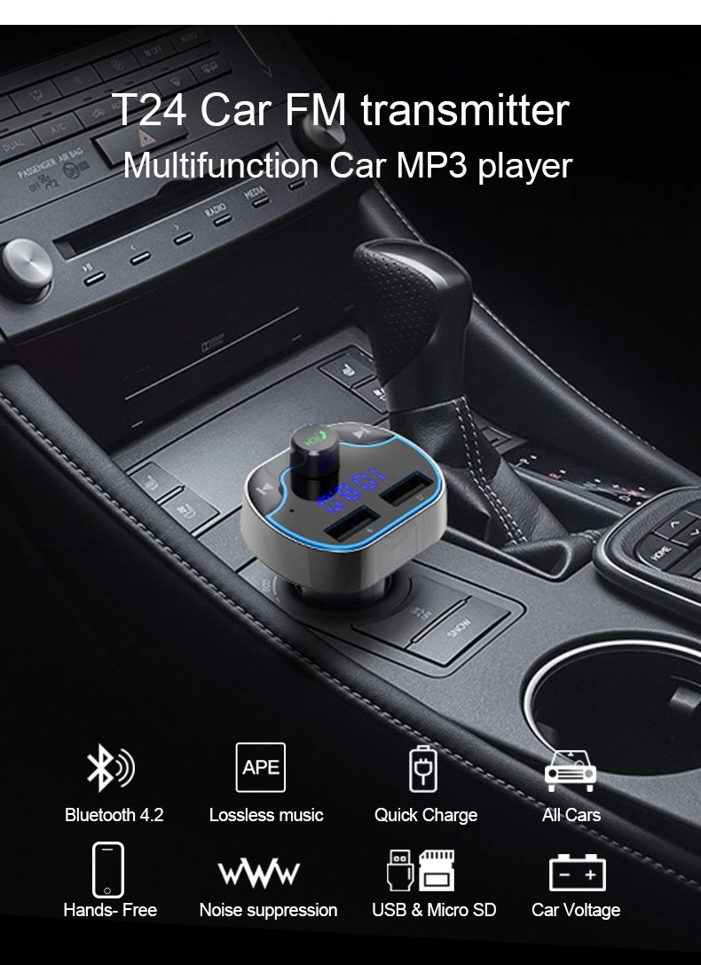 Rylybons bluetooth-приемник T24 Bluetooth 4,2 для быстрой зарядки автомобиля двойной с usb-портом, светодиодная индикация телефонный адаптер