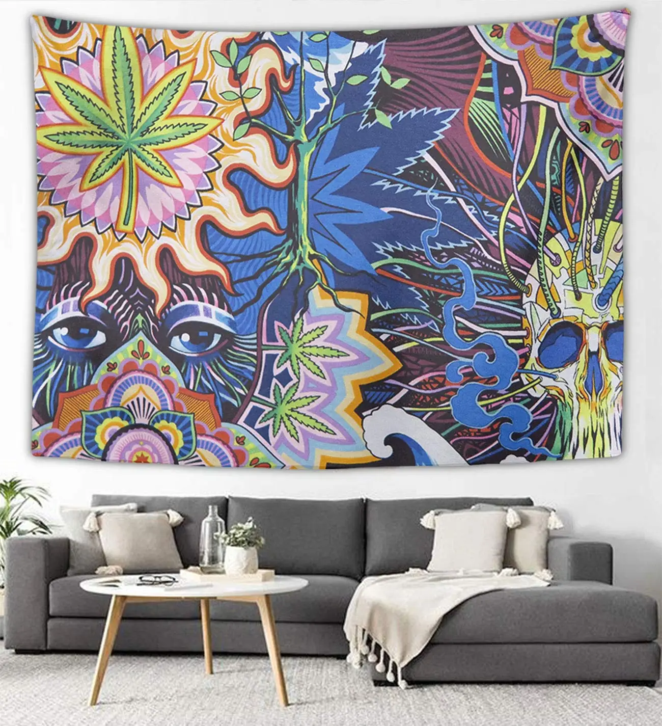 

Weed Leaf Skull Hippie Bohemian Tapestries Wall Hanging for Bedspread Blanket Picnic Sheet