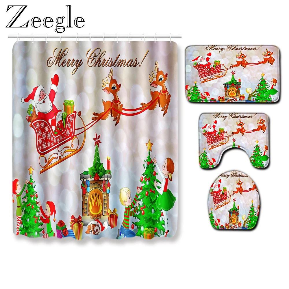 4pcs Waterproof Shower Curtain Toilet Pedestal Rug Anti-slip Bathroom Carpet Set Shower Mat Absorbent Microfiber Bath Foot Mat