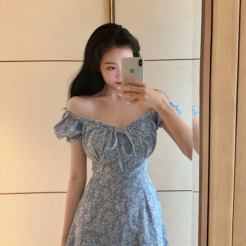 2020 Summer Dress Female Vintage Blue Floral Print Center Bow Beach Dress Slim Women Mini Dress Vestidos