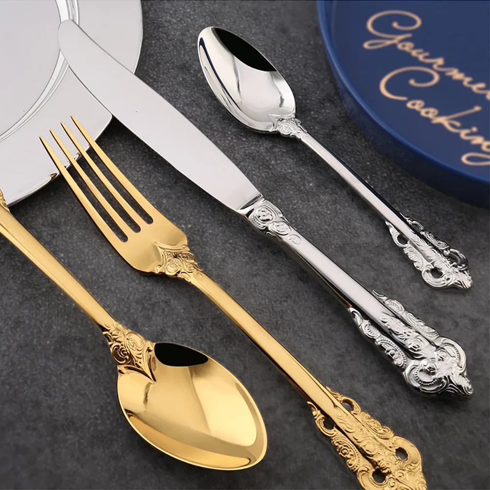 

Z Palace Tableware 304 Stainless Steel Knife, Fork And Spoon European Style Retro Relief Gold Plated West Tableware Hotel Suppli