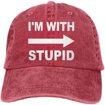 

Unisex Adults Vintage Washed Baseball Cap Adjustable Dad Hat - I'm with Stupid Black