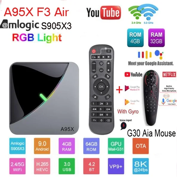 Смарт ТВ-приставка A95X F3 AIR 8k Amlogic S905X3 Android 9 0 RGB светильник USB3.0 1080P H.265 Wifi Google Play Y0utube