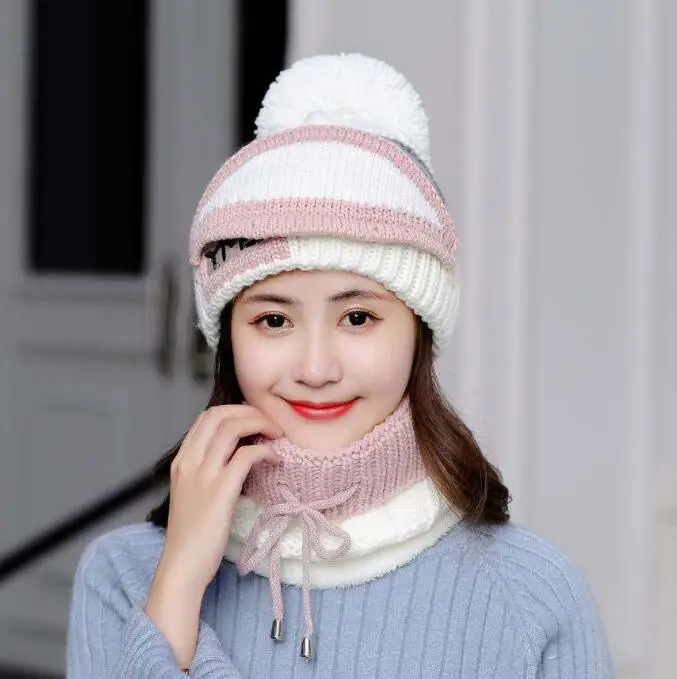 Набор шапочки с вышитыми буквами, шарф, маска, зимняя женская теплая шапка, набор помпонов, зимняя шапка