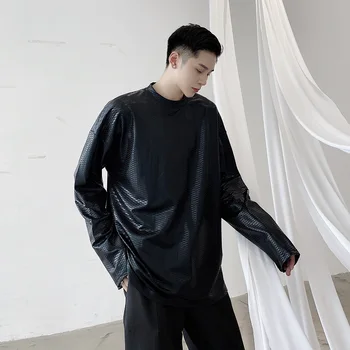 

Male Streetwear Hip Hop Vintage Fashion Loose Tee Shirt Stage Clothing Men Fish Scale Pattern Long Sleeve T-shirt