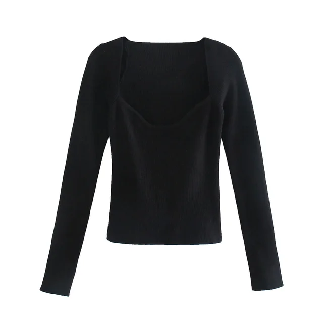 2021 New Women Knit Sweater Top Long sleeve heart-neck Casual Fashion Woman Slim-fit Tight Knitted sweaters Pullover Tops Black