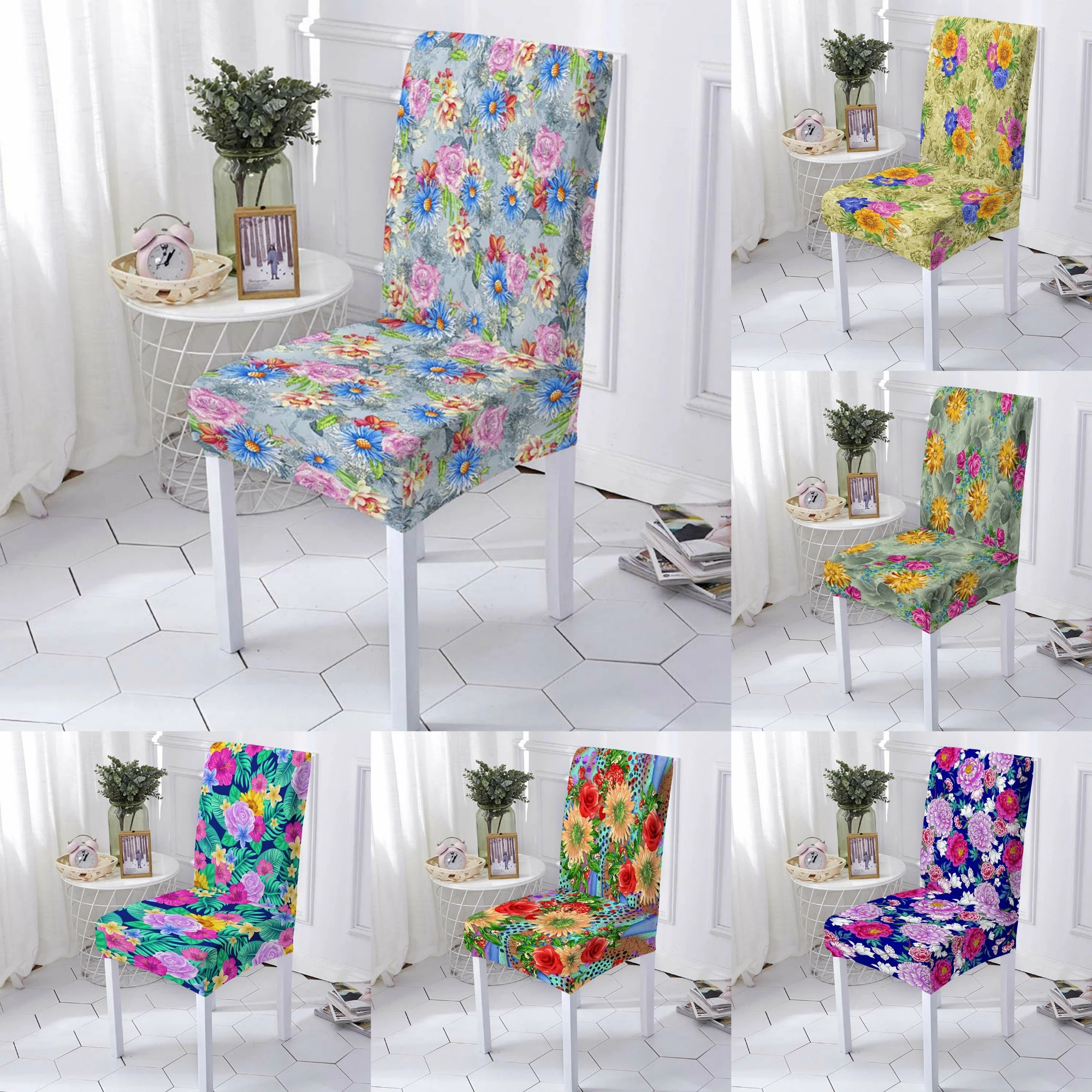 Floral Printed Chair Covers Elastic Spandex Kitchen Chair For Wedding