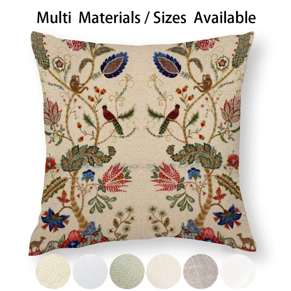 Animals Birds Leaves And Flowers Pink Red Brown Floral Swirls Pillow Case Throw Cover Cotton Linen Flax | Дом и сад