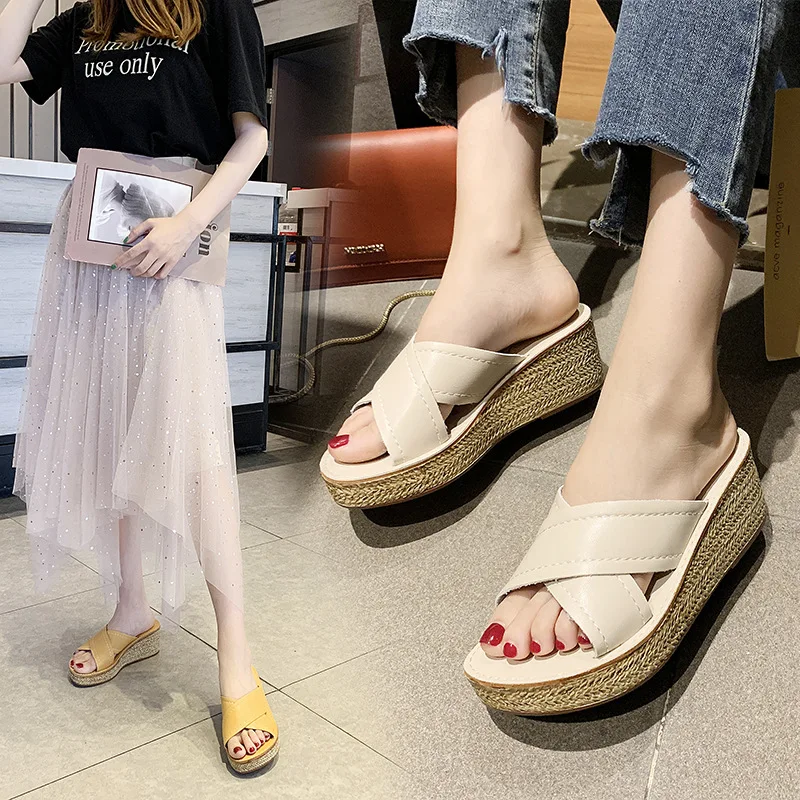 

Mu zi yi Fashion Slippers WOMEN'S Slippers Versatile A- line Lazy Shoes Wedge Heels