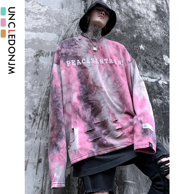 

UNCLEDONJM Kanye West Tie dyed Hip Hop Sweatshirt Letter Embroidery Damaged Crewneck Hoodie Fashion Streetwear Sweatshirt SA809