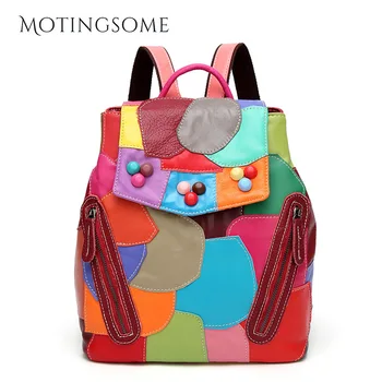 

Genuine Leather Purse Backpack Sheepskin Colorful Patchwork Backpack forSchool Teenagers High Quality Designer Bag 2020 New
