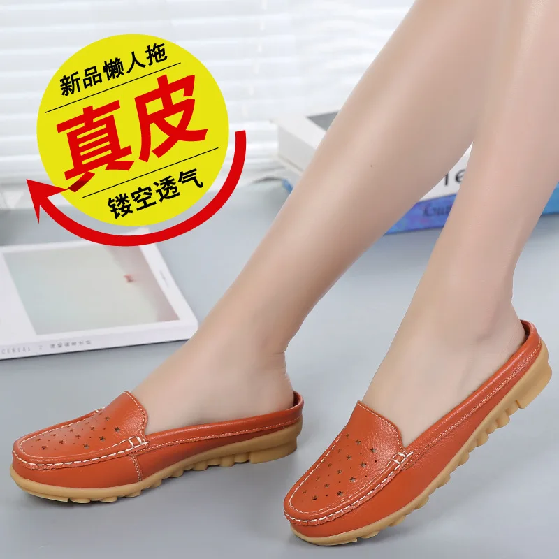 

2019 Summer New Style Genuine Leather Closed-toe ban tuo xie Women's Flat Middle-aged Mom Sandals Women's Hollow out WOMEN'S Cas