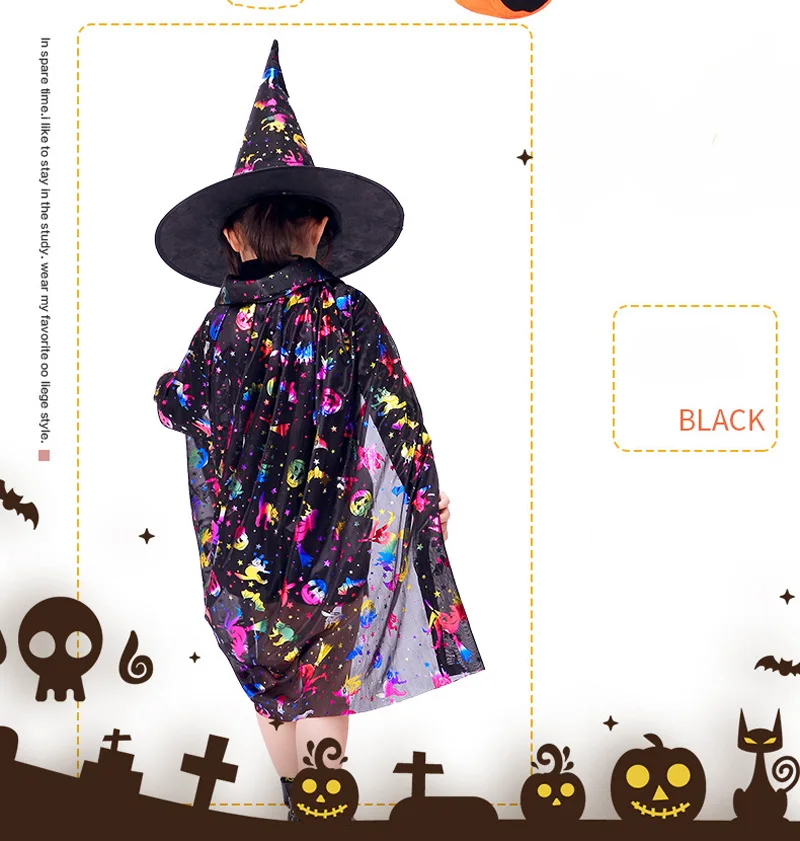 Дети счастливый красочный костюм принцессы на Хэллоуин комплект волшебник, ведьма плащ накидка халат и шляпа для мальчиков и девочек дропшиппинг - Цвет: Черный